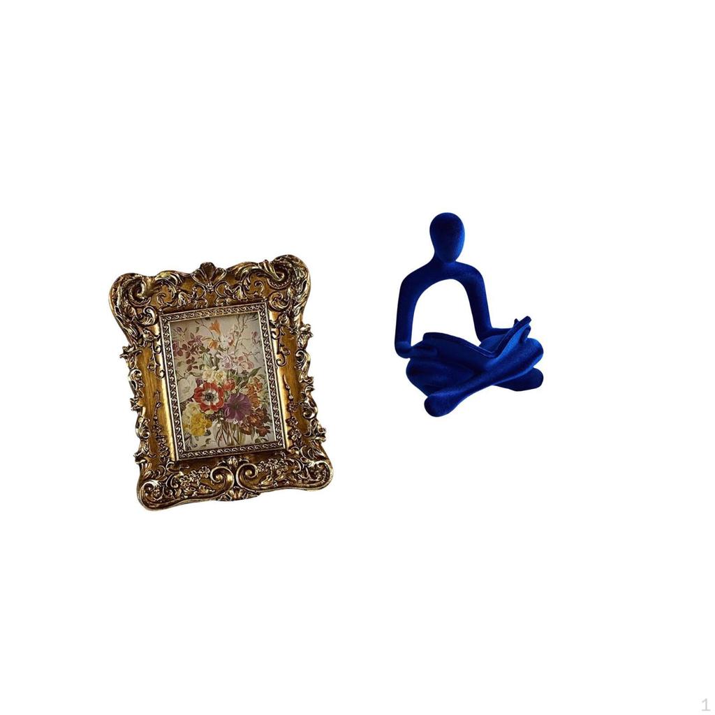 Hand Carved Floral Photo Frame Human Figurine Abstract Thinker Statue Antique Picture Holder
