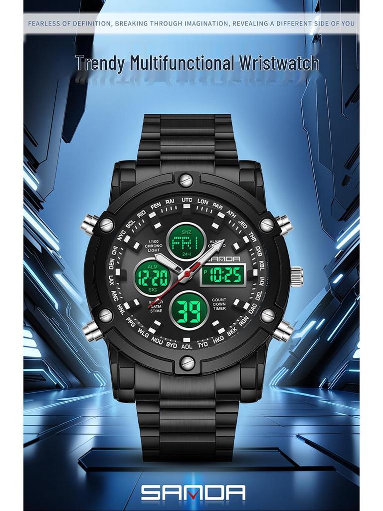 Sanda Dual Movement 5ATM Waterproof Multifunctional Steel Band Men's Watch with Alarm Clock