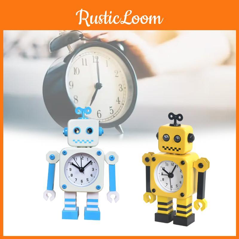 Alarm Cartoon Robot Clock Metal Casing Analog Hands Childrens Room Space Living