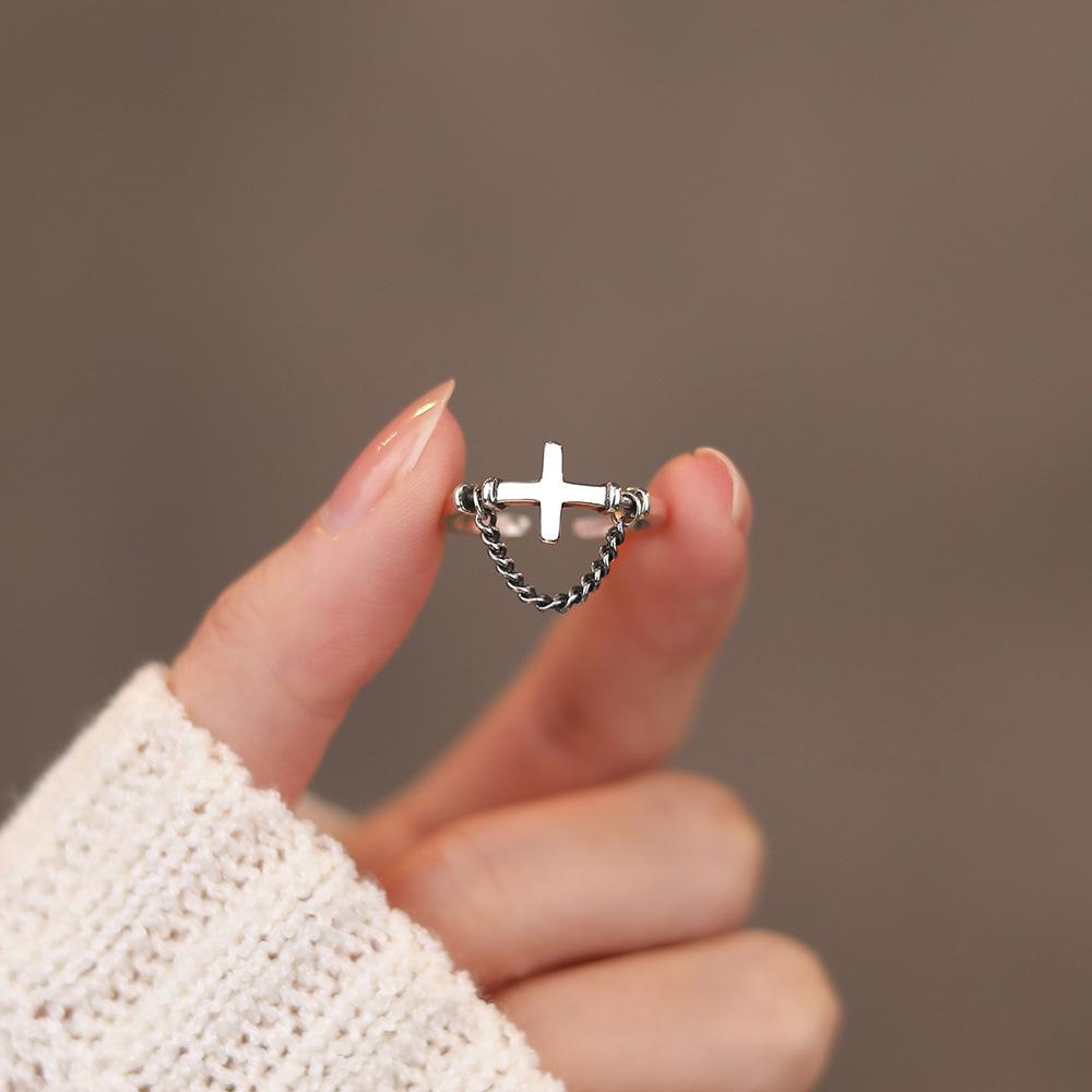 Retro Cross Chain Tassels For Women Zinc Alloy Color Punk Gothic Open Ring Handmade Designer Zircon Unisex Christian Accessories