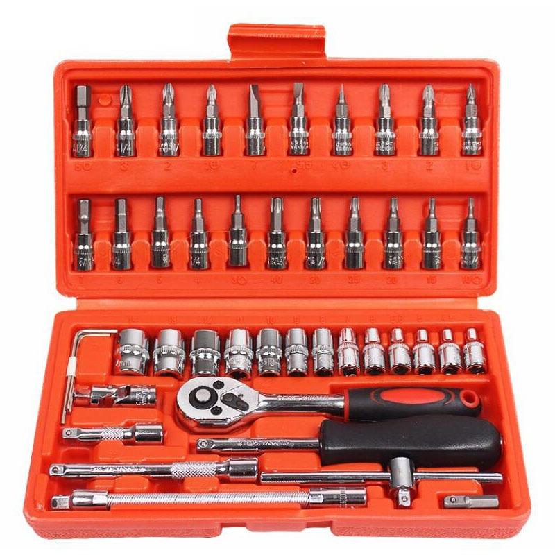 46pcs Full Chrome Plating Manual Machine Auto Repair Combination Tool Sets Hand Impact Spanner 1/4" Small Socket Wrench Set