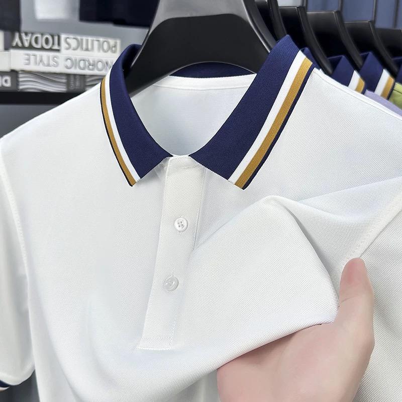 Luxury Fashion Short Sleeve Polo Shirt Men Summer High-end Ice Silk Breathable Personality Striped Color Matching Lapel T-shirt