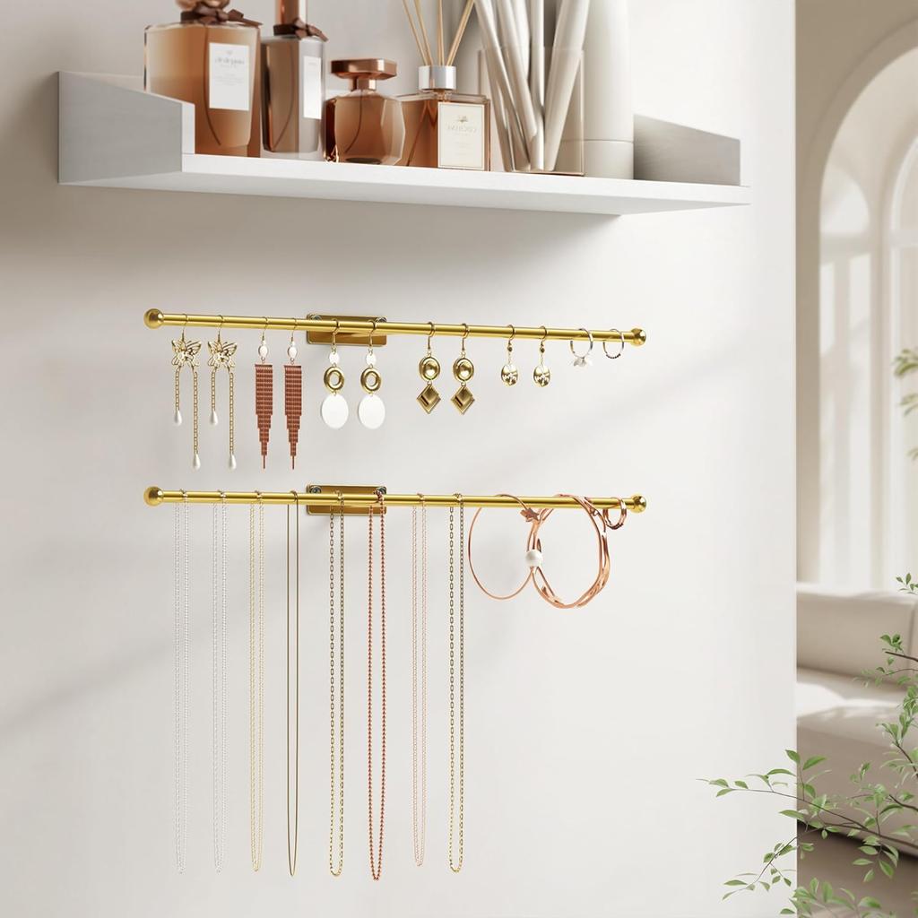 Black Wall Mounted Jewelry Storage Rack Pack of 2 : 12.6-inch Necklace Rack with Screws for Earrings Bracelets Rings Hair Rings Glasses