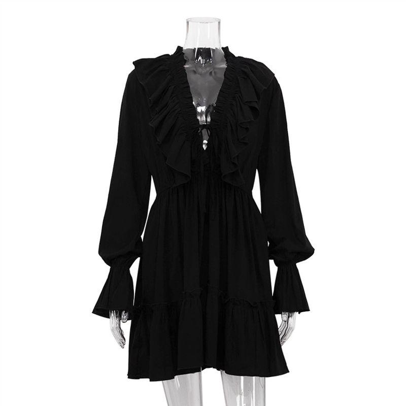 

Однотонное платье с V-образным вырезом и длинными рукавами Однотонное платье с V-образным вырезом и длинными рукавами Свободное платье женское Black S