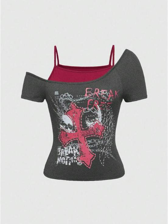 2026 Cross-border Sweet and Spicy Patchwork Punk T-shirt for Women - Irregular, Versatile Short-sleeved Top