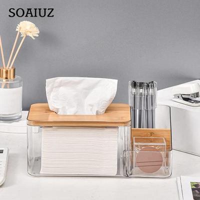 Tissue Box Transparent Tissue Container with Wooden Cover Remote Control Storage Holder for Kitchen Living Room