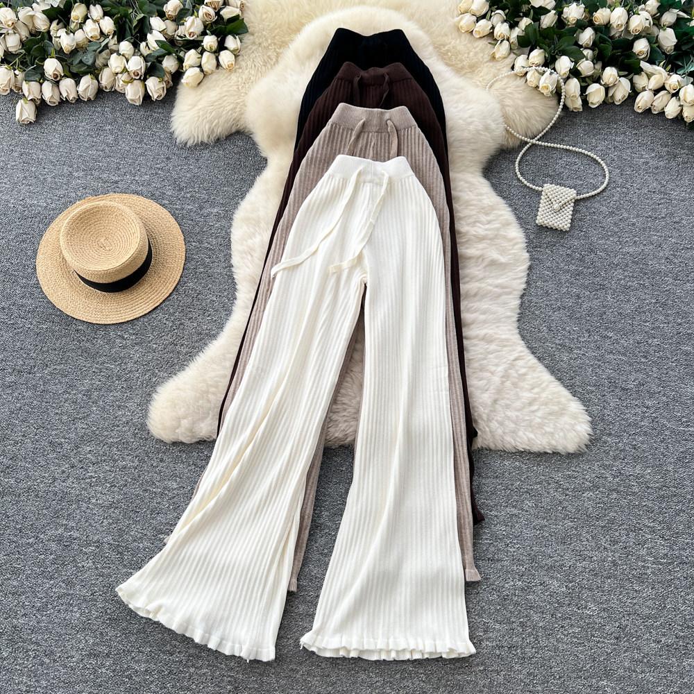 Herbst Winter Damen Lässiger Stil Gestrickter Pullover Kordelzug Weites Bein Hausanzug Hose