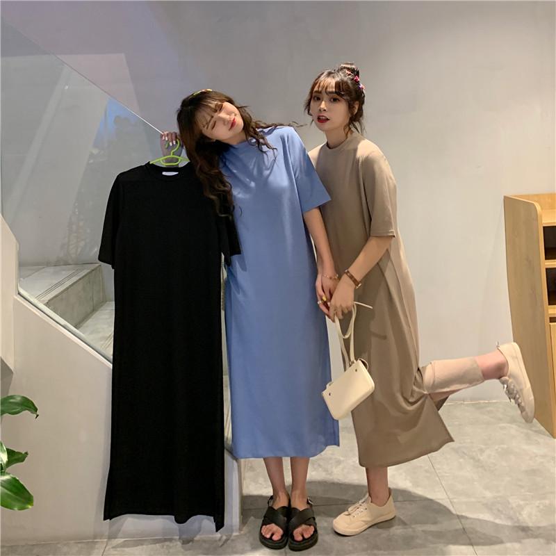 Casual Korean Style Over-the-Knee Slit Nightdress - Women's College Loose Fit Slimming T-shirt