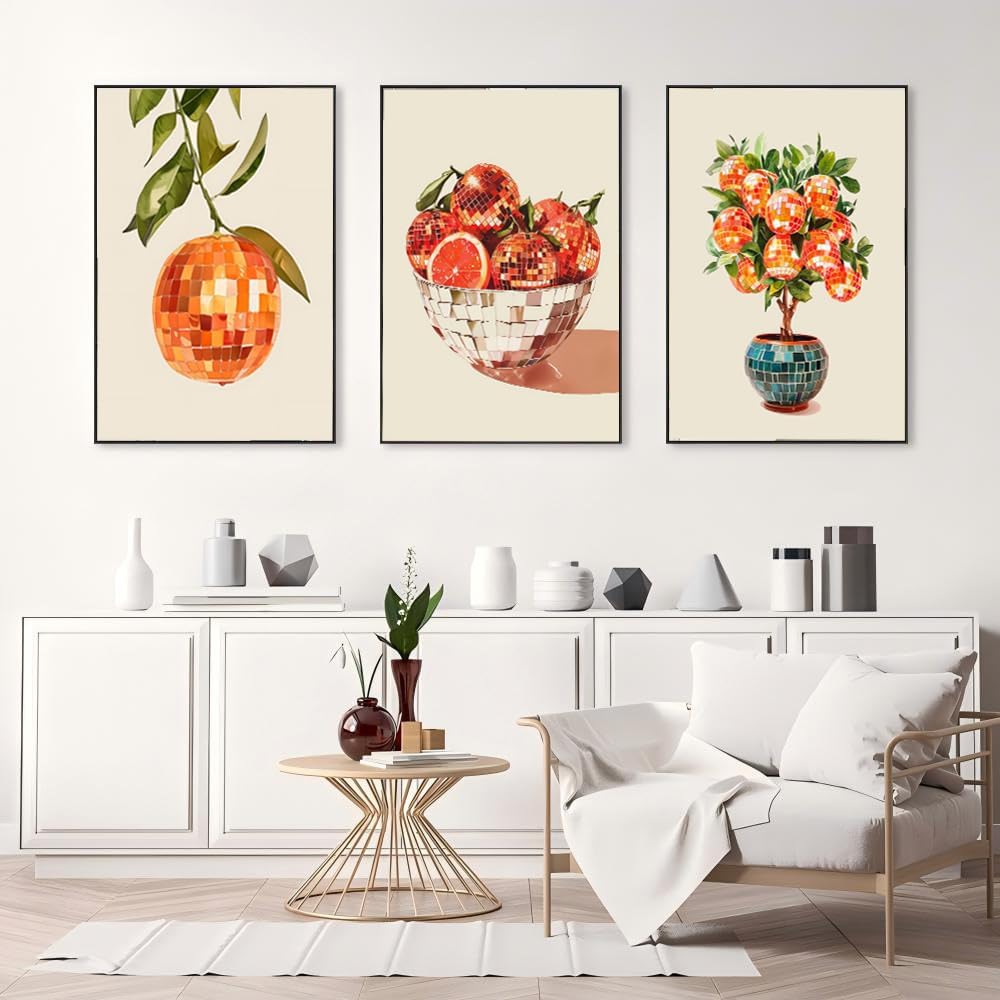 3Pcs Retro Disco Oranges Wall Art Funky Girl Preppy Wall Decor Pictures Fashion Glam Fruit Orange Food Mirror Ball Posters Canvas Prints for Bar Cart