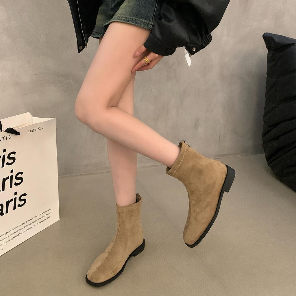 Flat-Bottomed Retro Suede Martin Boots Women'S Shoes Spring And Autumn Single Boots Rear Zipper Thin French Short Boots