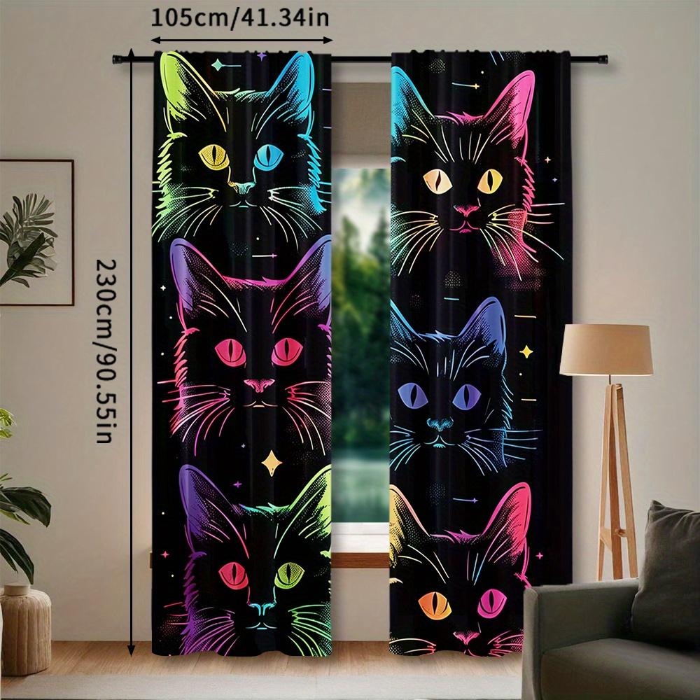 2pcs Colorful Cat Lover Curtains - Vibrant Neon Cat Design   Rod Pocket Mount   Polyester Material   Semi-Transparent   Modern Style