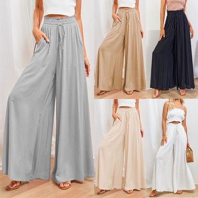 Women High Waist Wide Leg Long Pants Elastic Waist Casual Trousers
