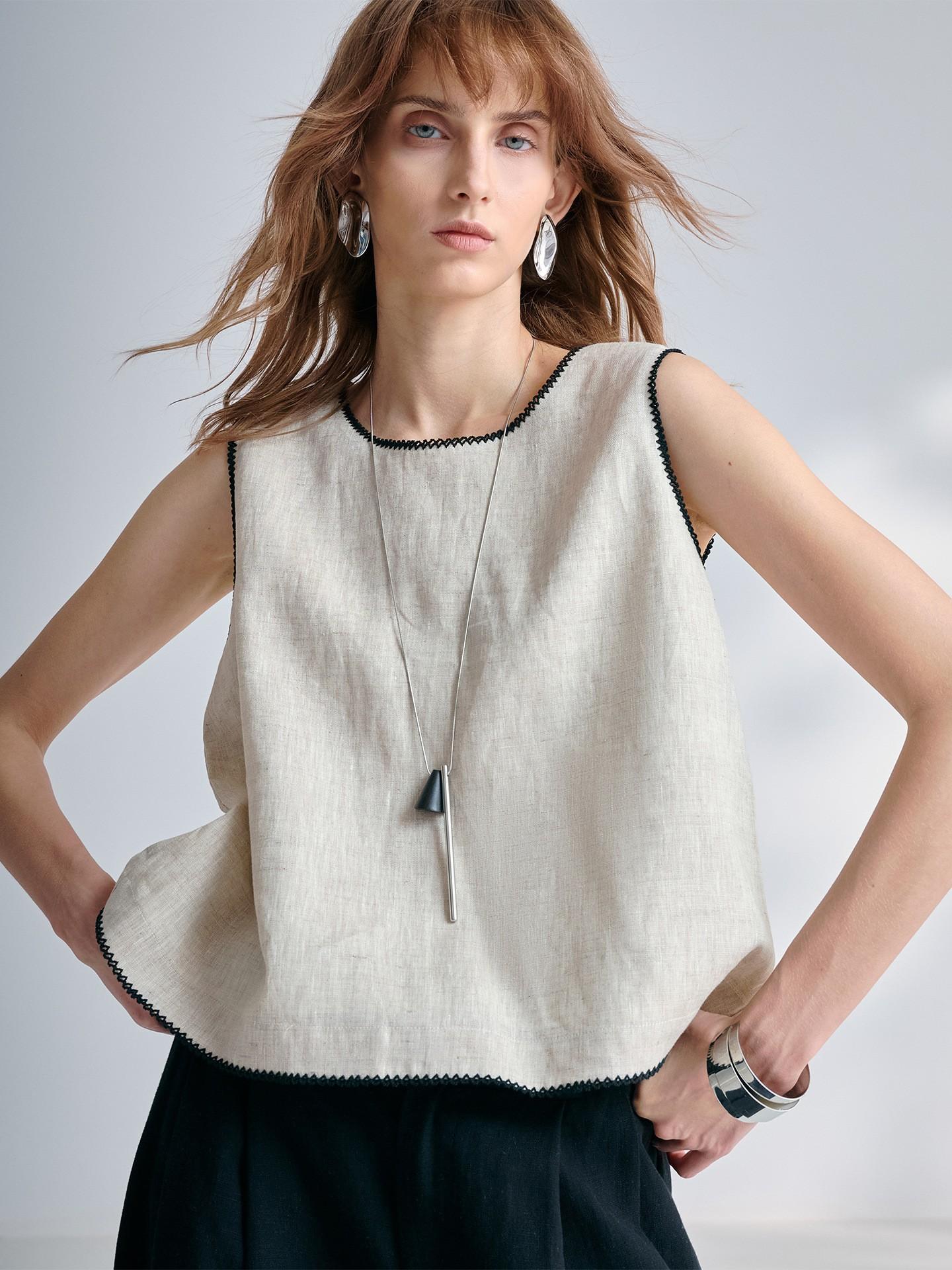 100% linen vest design sense contrasting edge sleeveless summer women s old money style loose French commuter linen top S