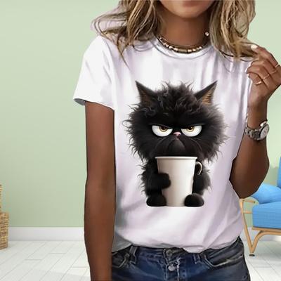 Fashion WomenCartoon Cat Print T Shirt Funny Casual O-neck Short Sleeves T-shirt Summer Female Tee Shirt