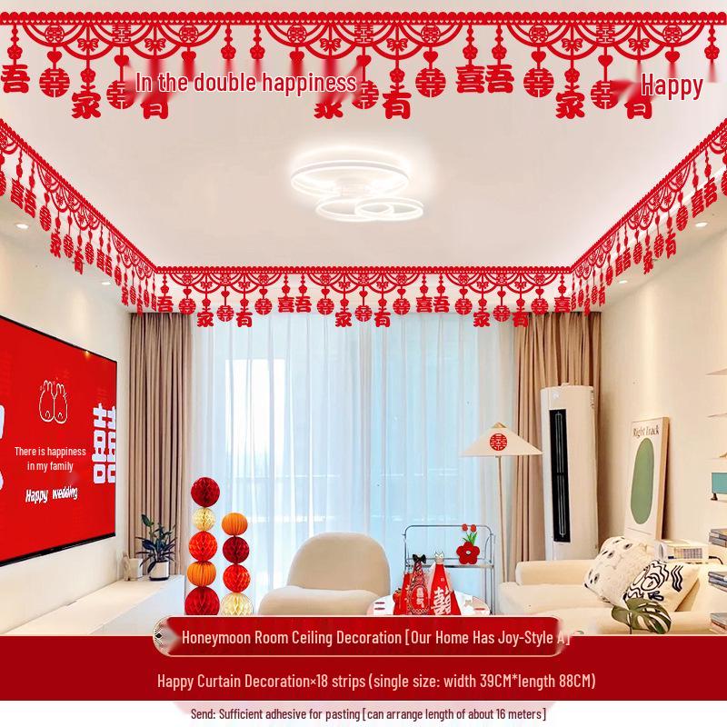 Wedding Ceiling Decoration: Double Happiness Pull Flower Ornament for Bedroom