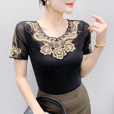 Sommer Spitze Heiße Diamanten Stickerei Blume Designer T-Shirt Elastisch Sexy Rundhalsausschnitt Schlanke Netzoberteile Schick Damen Kurzarm Vintage T-Shirts Bluse
