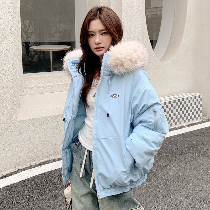 Womens Short Puffer Coat With Faux Fur Hood Winter Warm Cotton-Padded Jacket Loose Fit Casual Style