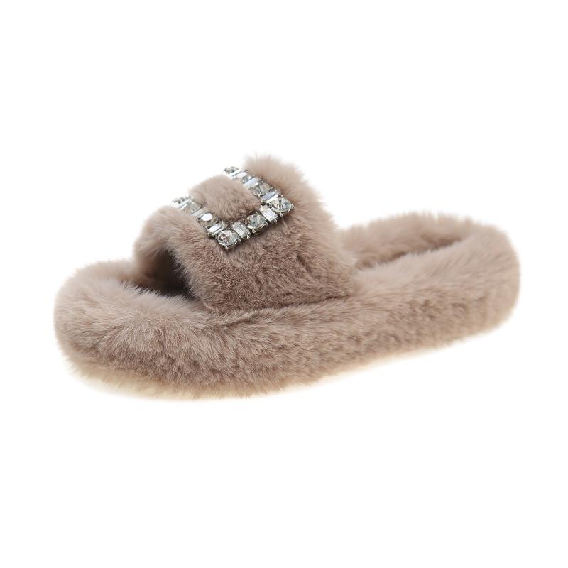 Fashion Slippers Women Fluffy Flip Flops Furry Slides Slipper Ladies Shoes Crystal Hollow Flat Faux Fur Sandals Decor Platform Footwear