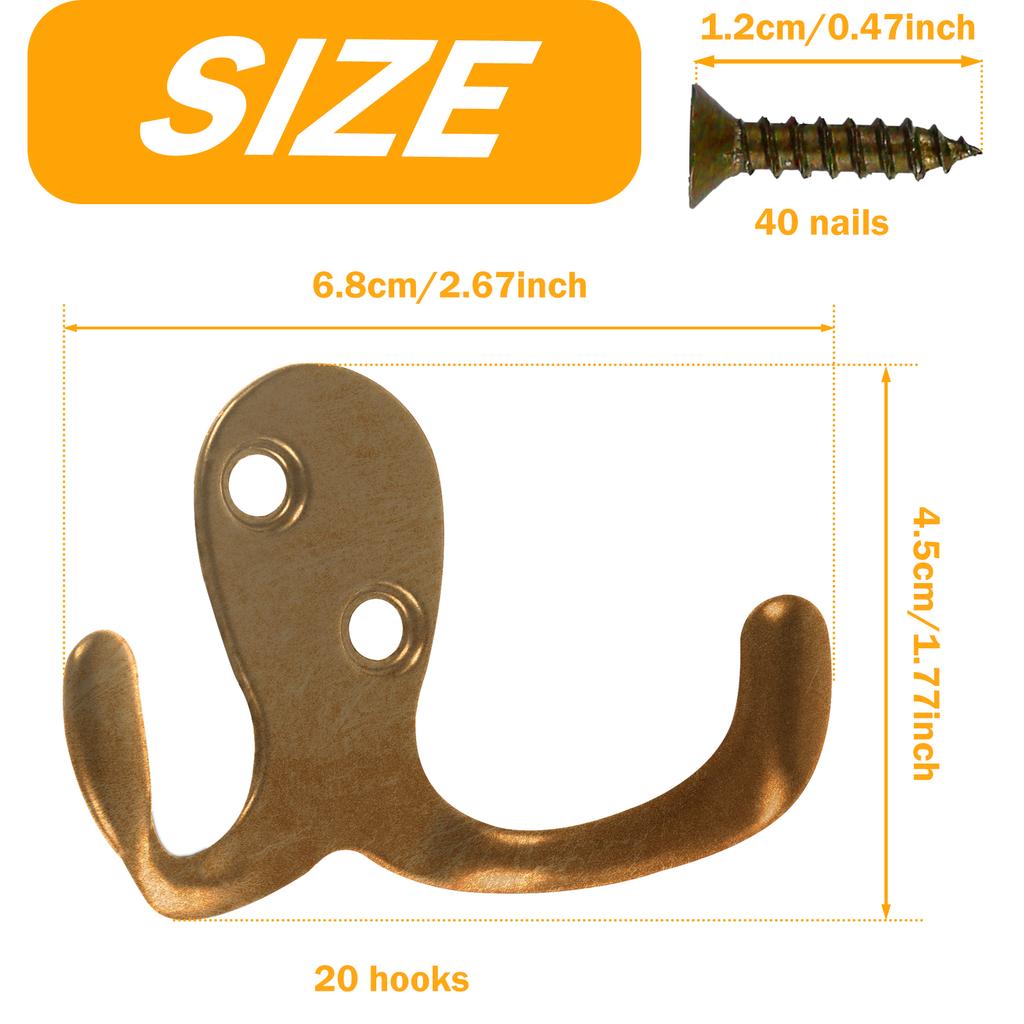 20 Stück/Set Wandmontierte Retro Doppelhaken Utility-Haken für Mantel Schal Tasche Handtuch Schlüssel Mütze Tasse Hut Solide Doppelhaken Küche Zuhause