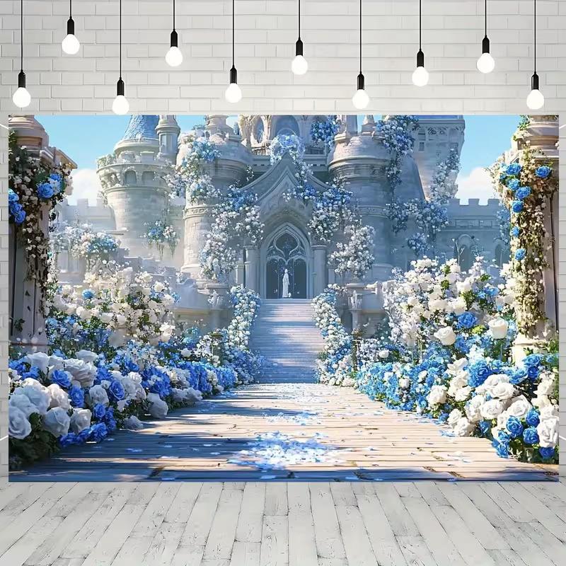 2D Enchanted Castle Backdrop Blue Rose Wedding Photo Booth Background