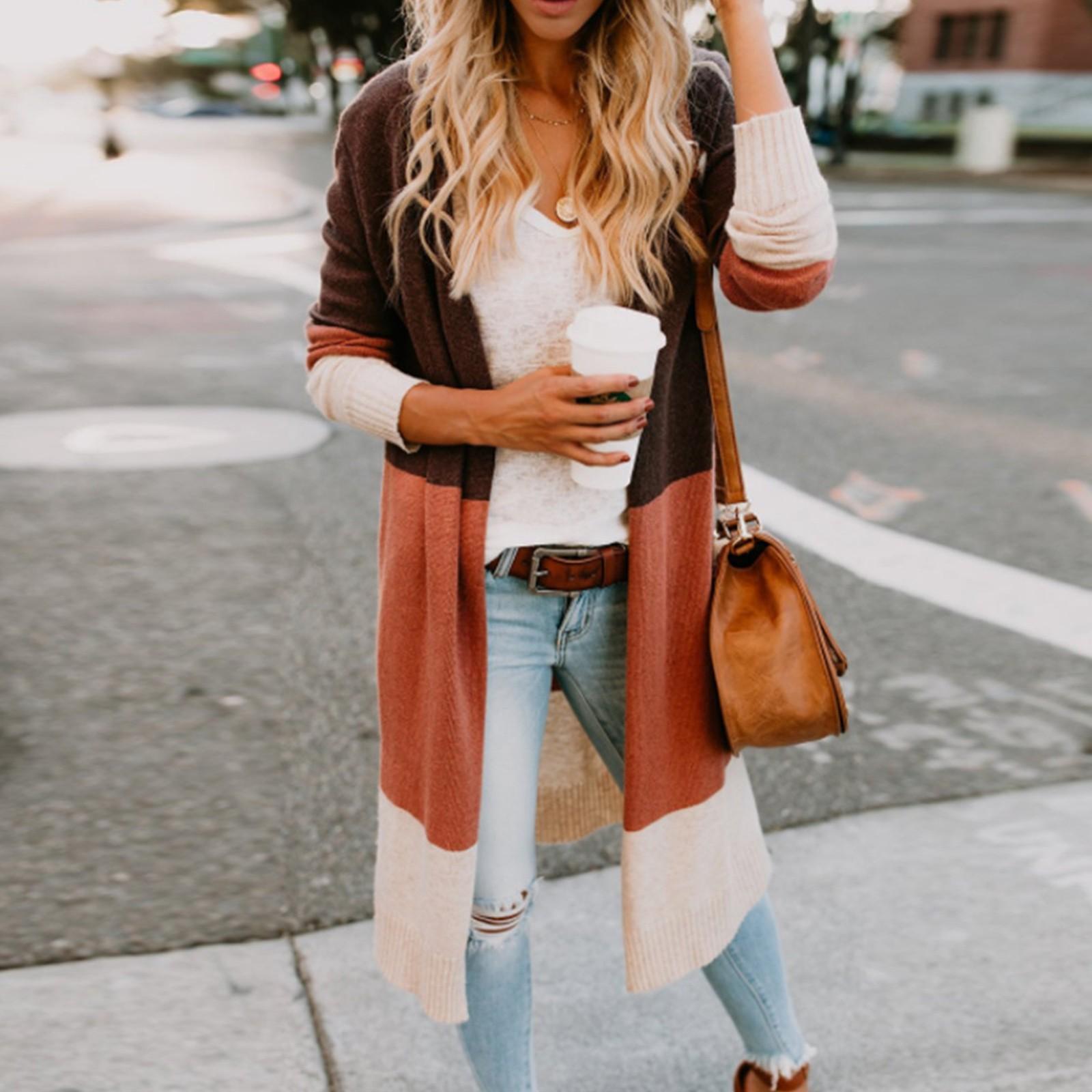 

Женское модное вязаное длинное свободное пальто в полоску с темпераментной строчкой S винный