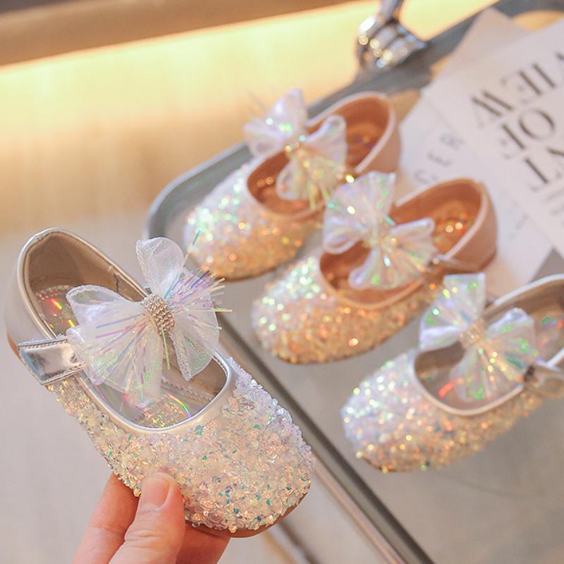 Girls Party princess shoes Bling Children Bow Rhinestone Wedding Performance Kids Flats 26-35