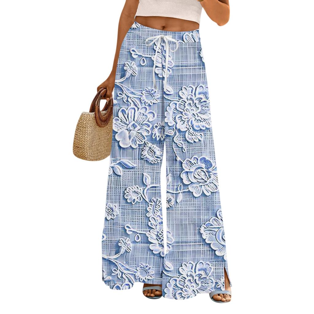 Dámské potištěné kalhoty s širokými nohavicemi s kapsami Vysoký pas Stahovací šňůrka Volné ležérní kalhoty