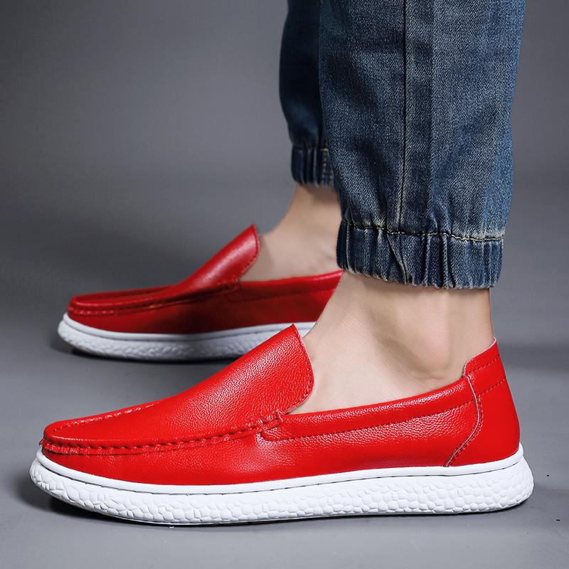White Shoes Mens Flat Bottomed Loafers Boat Shoes Soft Soled Driving Non Slip Casual Genuine Leather New One Step Casual