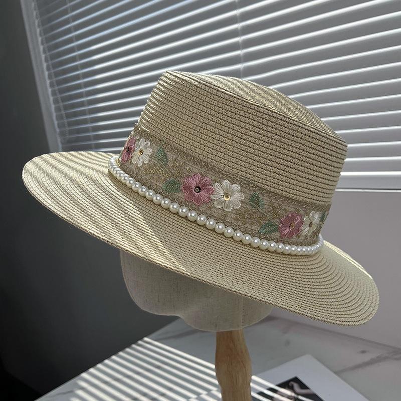 French elegance pearl flat top top hat women's spring summer vacation seaside sun hat straw hat flat edge hat