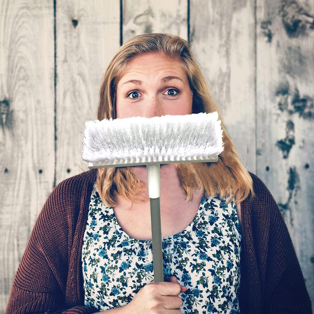 Floor Scrub Brush with Long Handle 54''- Stiff Bristle 2 In 1 Shower Scrubber with Squeegee Cleans Kitchen, Wall, Tile, Grout, Tub and Carpet, Brush