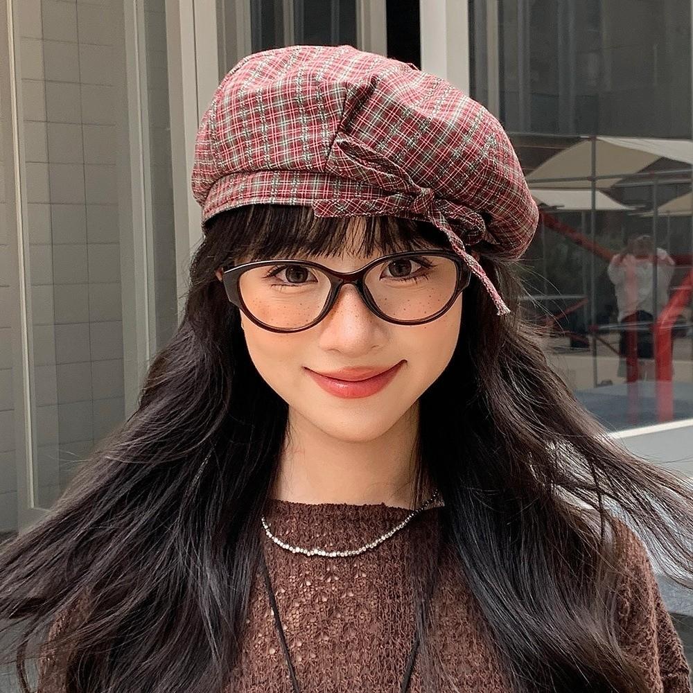 Korean Style Women Painter Hat Bow Women Octagonal Cap Sweet Plaid Beret Hat  Girl