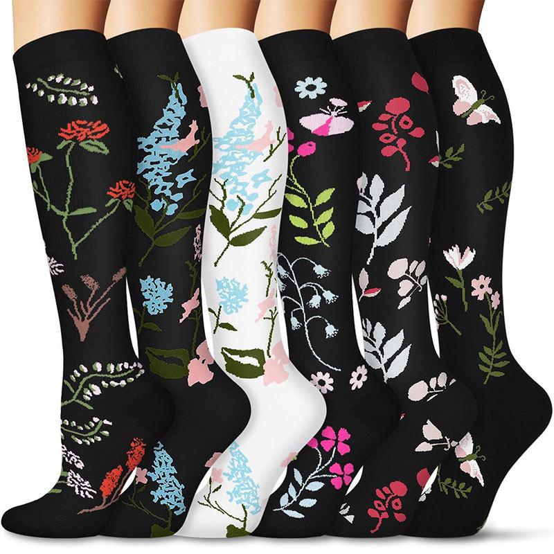 Floral Black Yoga Compression Calf Socks - Anti-slip & Anti-odor Sportswear