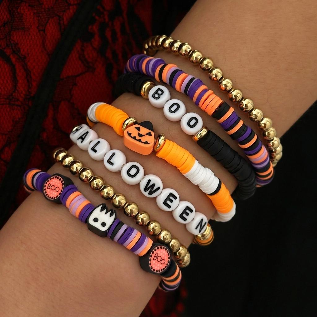 Halloween Multilayer Stretch Bracelets For Women BOO Letter Ghost Pumpkin Clay Beads Stretch Bangles Party Costume Charm Jewelry