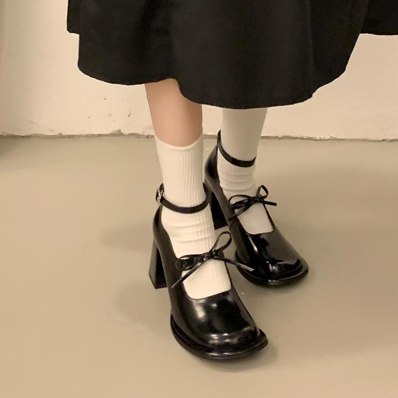 Autumn New Coarse Heel Single Shoes Women's Square Head Shallow Mouth Butterfly Knot Anti-slip Wear-resistant High Heels
