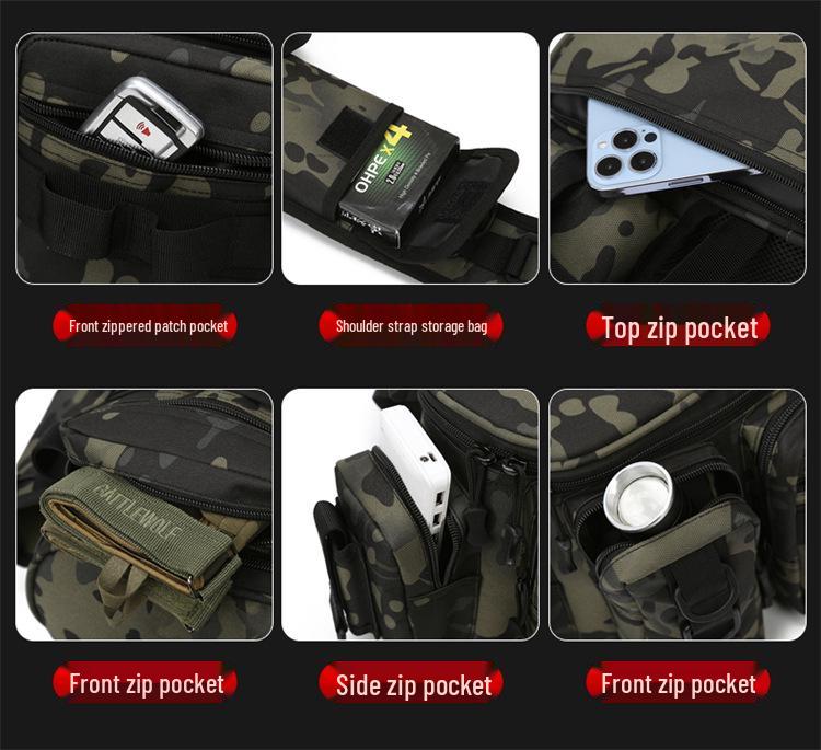 2023 Multifunctional Camouflage Fishing Bag: Single Shoulder, Crossbody, or Waist Carry with Rod Holder