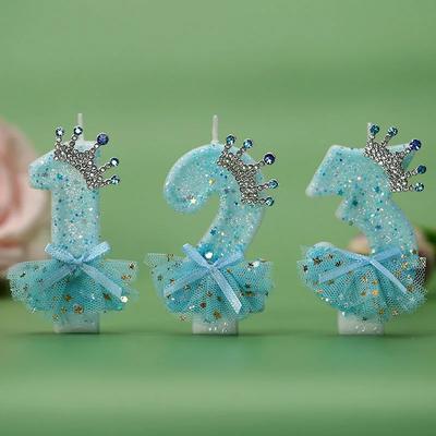 Blue Crown Skirt Birthday Digital Candle Cute Girl Birthday Party Cake Decoration