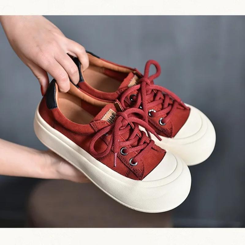 Johnature Genuine Leather Casual Women's Shoes Versatile Lace Up Round Toe Thick Soled Flat Shoes