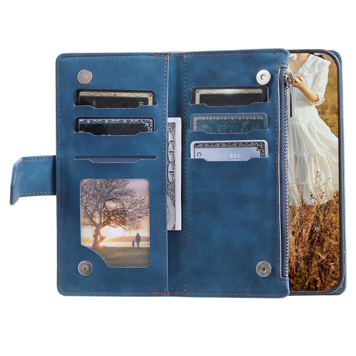 

For Samsung Galaxy A14 5G/4G PU Leather Phone Case Rhombus Imprinted Zipper Wallet Cover with Strap Blue