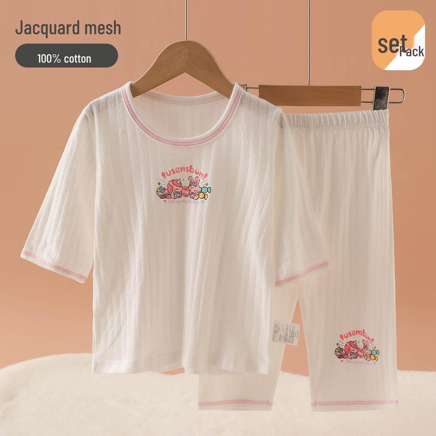 Girls Cotton Mesh Pajama Set: Three-Quarter Sleeve Top & Pants