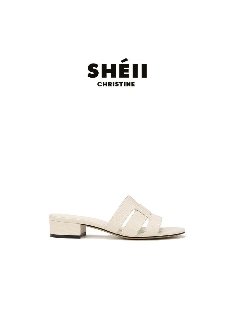 Su Yinyin's same round-headed lizard-patterned soft leather one-word thick-heeled slippers women's niche casual versatile commuter cool slippers