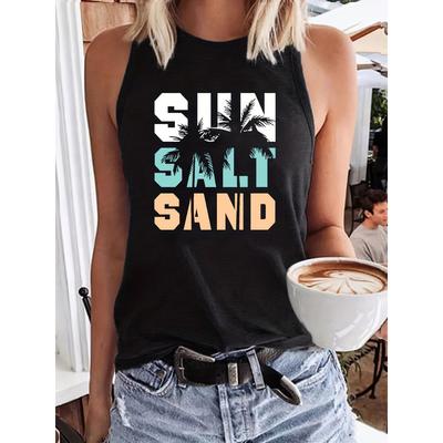 Loose Casual Summer Women's T-shirt, Sleeveless T-shirt, Printed with Sand and Sun Letters, Round Neck