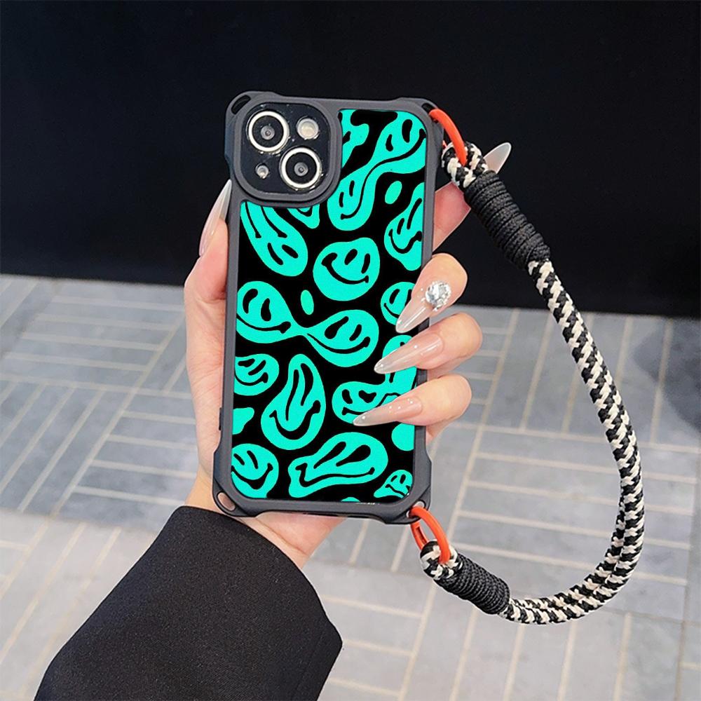 Ae88 Lovely Smiley Art Soft Phone Cases for iPhone 16 15 14 13 12 11 Pro Max XR with Wrist Strap Lanyard Corner Protection Back Cover