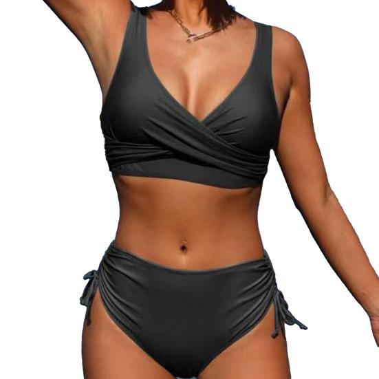 2 stk./Sæt Dame Sommer Bikini Sæt V-udskæring Ærmeløs BH Høj Talje Side Snørebånd Trusse Sæt Mavekontrol Badedragt Badetøj