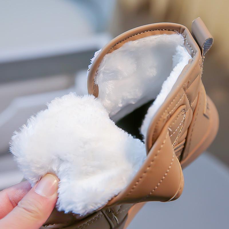 Winter Children's Plush Boot for Boys Girls Leather Plush Warm Snow Boots Drawstring Soft Soled Children Cotton Shoes