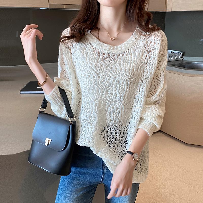 

korean solid Hollow knitted sweater women s thin loose spring autumn sweater crew neck t-shirt pullover sunscreen blouse female One Size