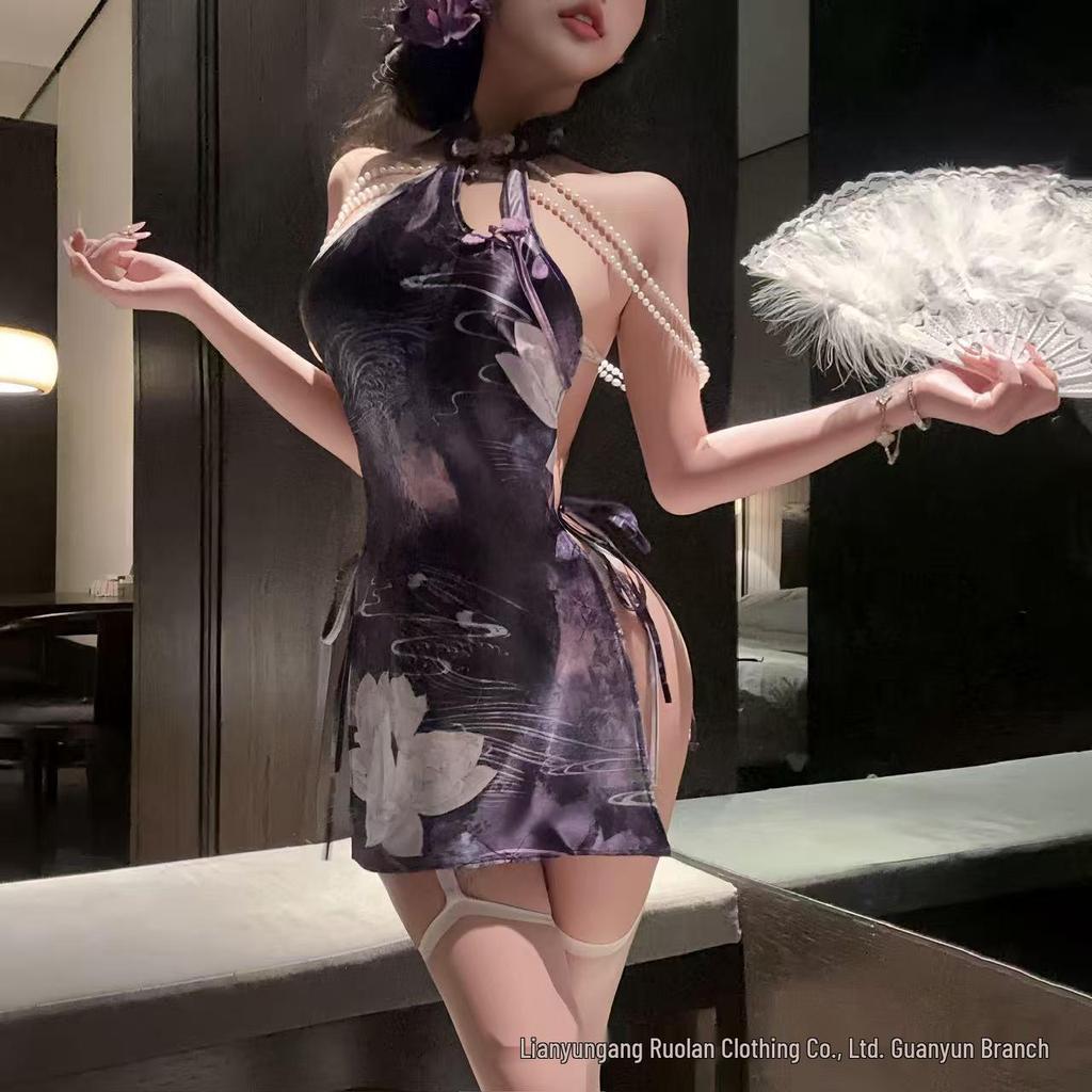 Ruo Lan Chinese-Style Pearl Backless Qipao Lingerie with Slit