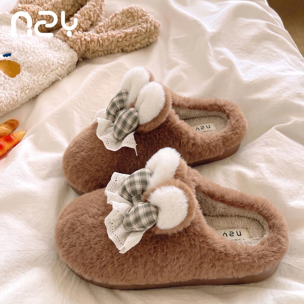 Warm edge sweet bow fluffy slippers women's autumn and winter plush warm cotton slippers home plush slippers