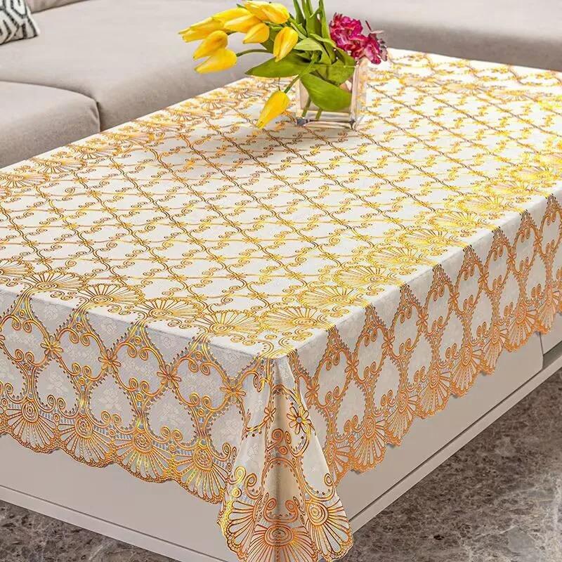 Vergulde Tafelkleed PVC Koffietafelmat Waterdicht, Hittebestendig Gouden Bloemen Minimalistisch Plastic Tafelkleed 110x160cm  4 Laces