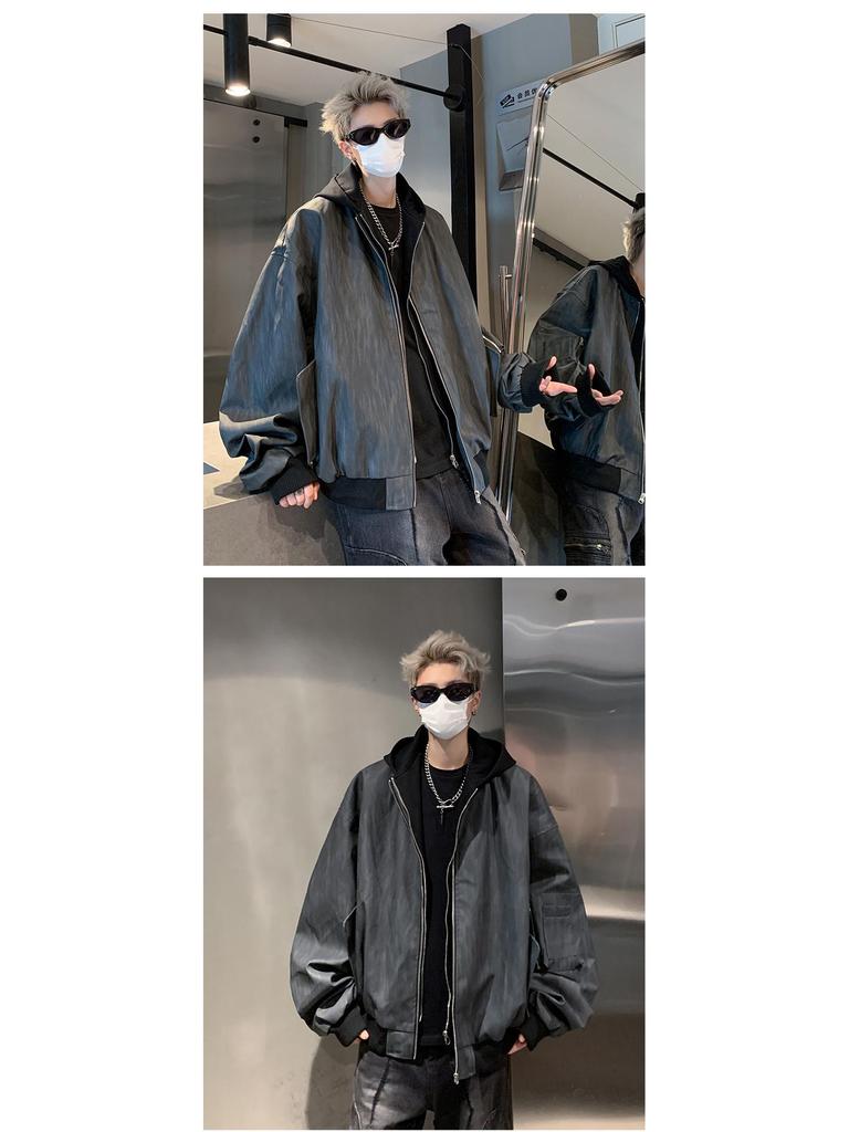 Herren Frühling & Herbst Trendige Lederjacke mit Kapuze - Zweiteiliger Stil, Amerikanischer Street Dark Rogue, Lockere Passform Pilotendesign