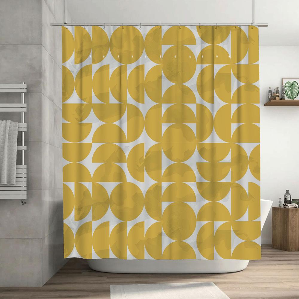 Gold Geometric Shower Curtain with White Rings Bathroom Decor for Home Hotel Waterproof and Washable Fabric 72 inches Long (30x6